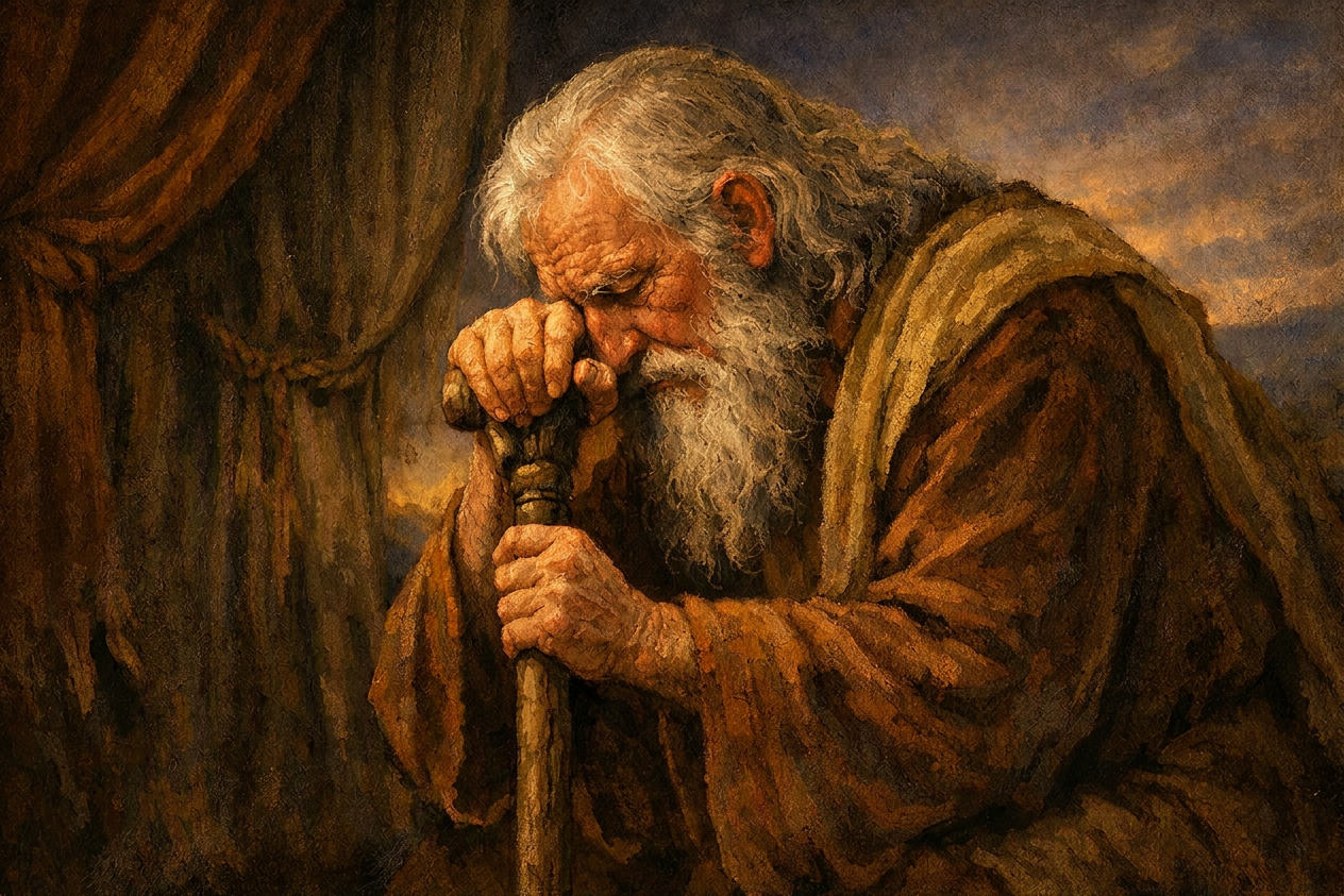 Weathered elder resting against walking staff Elderly bearded man in a brown cloak leaning on a wooden staff