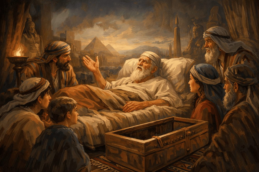 Elderly bearded man in bed addresses family beside an open wooden chest, with pyramids visible outside