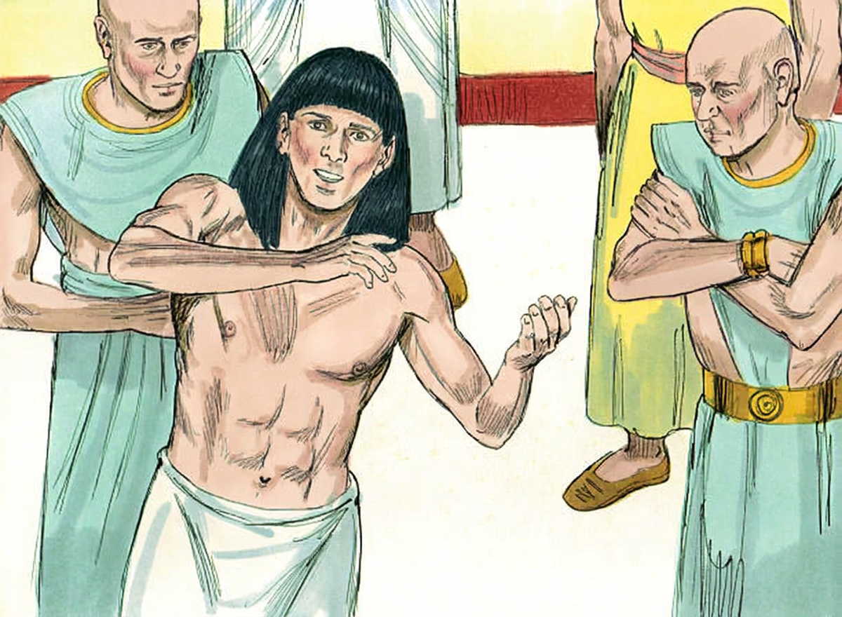 Ancient courtroom scene with restrained prisoner Illustration of a shirtless man restrained by three people in ancient Egyptian-style clothing