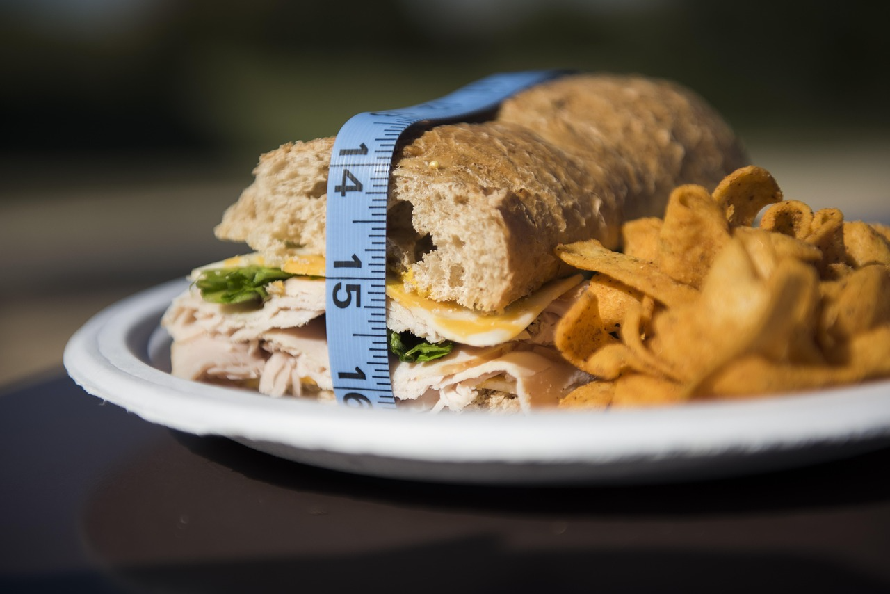Measuring Sandwich Portion Size With Tape Turkey sandwich and potato chips on a plate measured with a tape measure