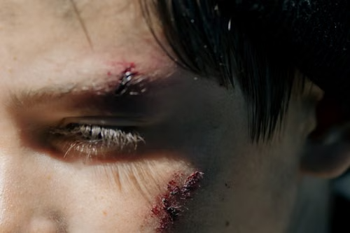 Close-up study of facial injury Close-up of a person with cuts and dried blood near the eyebrow and cheek