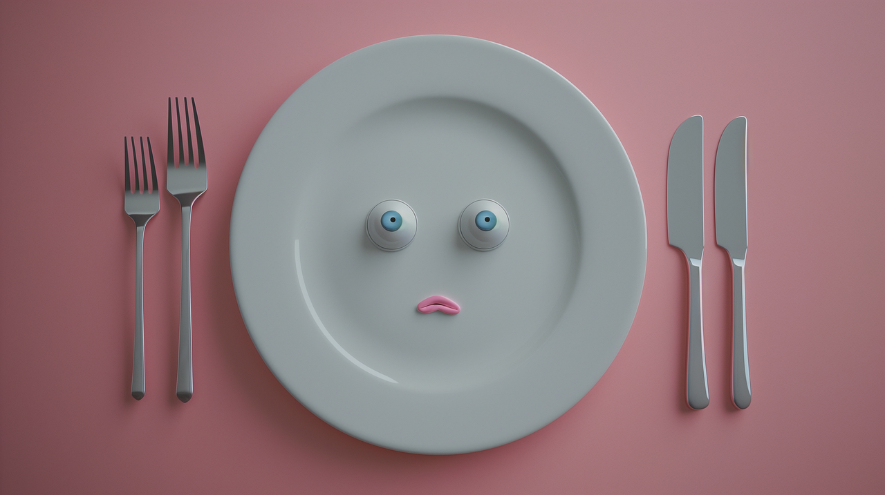 Playful empty plate awaiting a meal Empty plate with a sad face, flanked by forks and knives