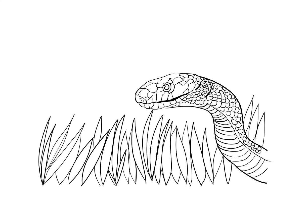Printable snake coloring page for nature activities Line drawing of a snake slithering through tall grass