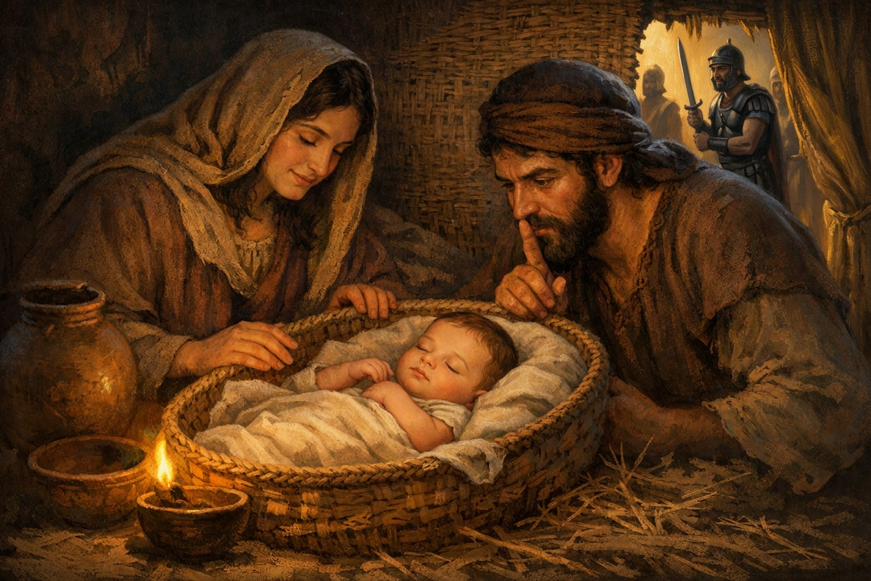 Woman and man watching over a sleeping baby in a woven basket