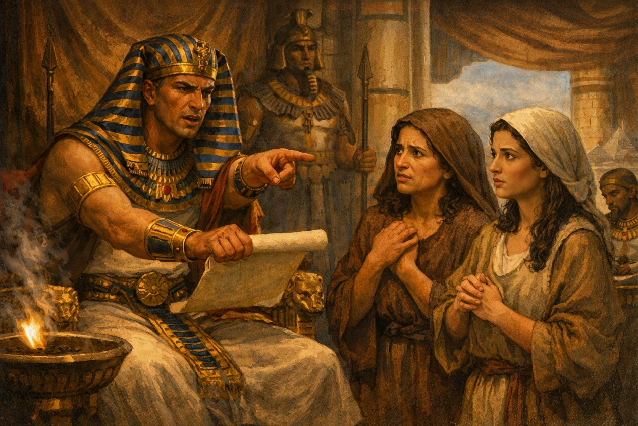 Ancient Egyptian ruler points at two women while holding a scroll