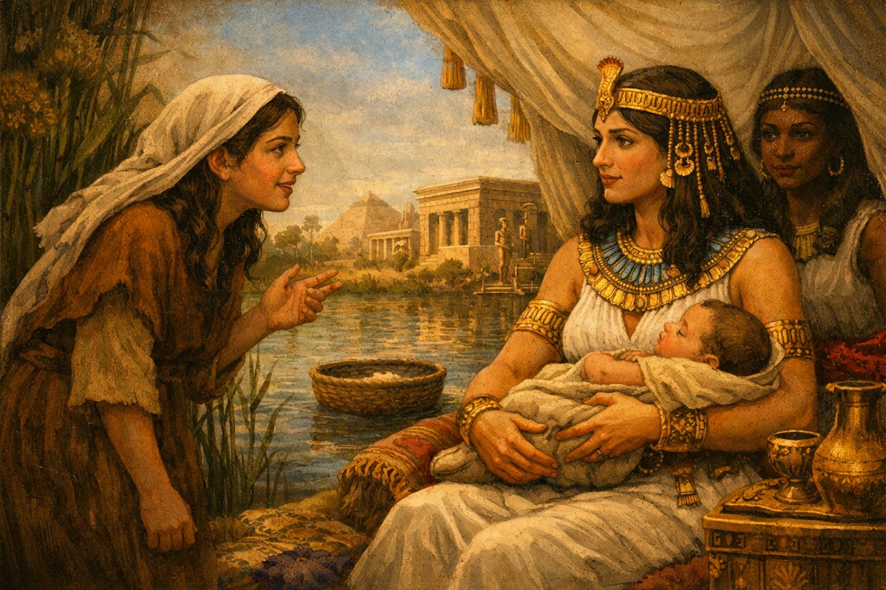 Illustration of an Egyptian queen nursing a baby beside the Nile, with pyramids and temples behind her
